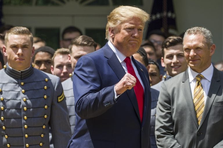 President Donald Trump pumps his fist as he departs after the presentation of the Commander-in-Chief's Trophy to the U.S. Military Academy at West Point football team, in the Rose Garden of the White House, Monday, May 6, 2019, in Washington. (Alex Brandon/AP Photo)