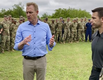 Acting Defense Secretary Patrick Shanahan, (left), speaks with troops near McAllen, Texas, about the military’s role in support of the Department of Homeland Security’s effort to secure the Southwest border. At right is Kevin McAleenan, acting DHS secretary. (Robert Burns/AP Photo)