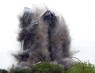 Martin Tower, former world headquarters of Bethlehem Steel, implodes Sunday May 19, 2019 in Bethlehem, Pa. Crowds gathered to watch the demolition of the area's tallest building, a 21-story monolith that opened at the height of Bethlehem Steel's power and profitability but had stood vacant for a dozen years after America's second-largest steelmaker went out of business. (Jacqueline Larma/AP Photo)