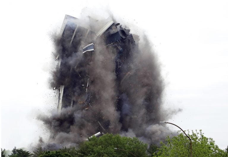 Martin Tower, former world headquarters of Bethlehem Steel, implodes Sunday May 19, 2019 in Bethlehem, Pa. Crowds gathered to watch the demolition of the area's tallest building, a 21-story monolith that opened at the height of Bethlehem Steel's power and profitability but had stood vacant for a dozen years after America's second-largest steelmaker went out of business. (Jacqueline Larma/AP Photo)