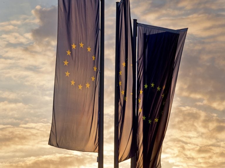 European flags blow in front of the European Central Bank as the sun rises in Frankfurt, Germany, Sunday, May 26, 2019. (Michael Probst/AP Photo)