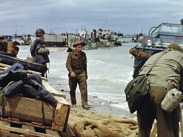 D Day In Color Landing craft on the beach during D-Day on June 6, 1944 in France. Seventy-five years later, surprising color images of the D-Day invasion and aftermath bring an immediacy to wartime memories. They were filmed by Hollywood director George Stevens and rediscovered years after his death. (War Footage from the George Stevens Collection at the Library of Congress via AP)