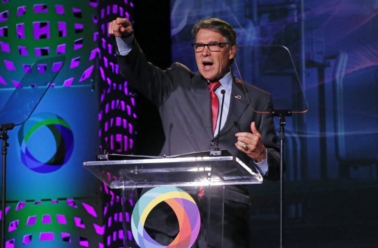 U.S. Energy Secretary Rick Perry speaks at an energy summit hosted by Utah Gov. Gary Herbert and attended by Wyoming Gov. Mark Gordon Thursday, May 30, 2019, in Salt Lake City. (AP Photo/Rick Bowmer)