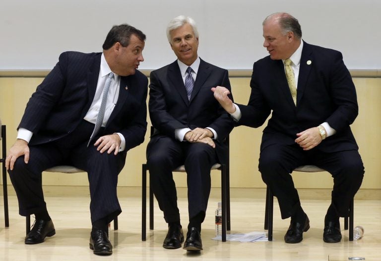 In 2014, then-Gov. Chris Christie, influential South Jersey Democrat George Norcross and New Jersey Senate President Steve Sweeney attend a groundbreaking ceremony in Camden for the KIPP Cooper Norcross Academy school. On Thursday, a task force appointed by Gov. Phil Murphy continued its investigation of a tax-incentive program established during Christie's administration. Norcross was of particular interest. (AP Photo/Mel Evans,file)