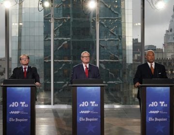 Democratic candidates for mayor Alan Butkovitz, left, state Sen. Anthony Hardy Williams, right, and Philadelphia Mayor Jim Kenney, center, participate in a live televised debate, Monday May 13, 2019, at the Comcast Technology Center  in Philadelphia.  NBC10 Photo/ Joseph Kaczmarek, Pool