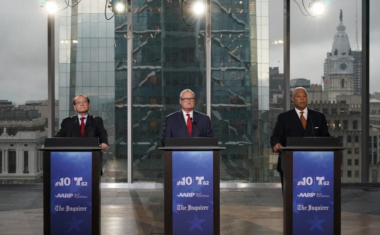 Democratic candidates for mayor Alan Butkovitz, left, state Sen. Anthony Hardy Williams, right, and Philadelphia Mayor Jim Kenney, center, participate in a live televised debate, Monday May 13, 2019, at the Comcast Technology Center  in Philadelphia.  NBC10 Photo/ Joseph Kaczmarek, Pool