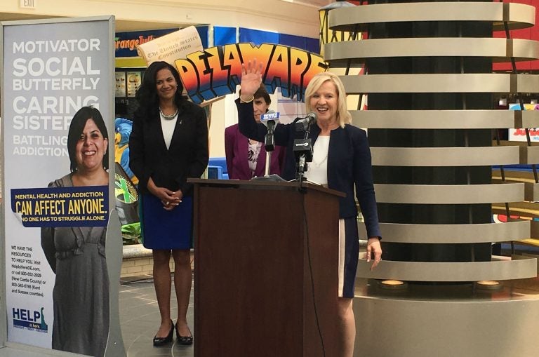 Lt. Gov. Bethany Hall-Long unveils a new ad campaign designed to reduce the stigma faced by those struggling with addiction during a press conference at the Christiana Mall. (Mark Eichmann/WHYY)