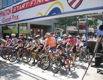 Cyclists at the starting line during the Wilmington Grand Prix on Saturday (John Mussoni/WHYY)