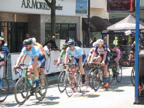 Cyclists race through town during the 2019 Wilmington Grand Prix on Saturday (John Mussoni/WHYY)