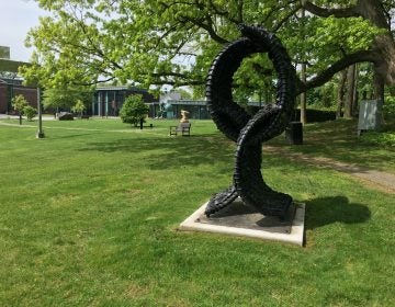 The sculpture “One Way” by Chakaia Booker is the first work by an African American artist to be installed at the Delaware Art Museum’s outdoor Copeland Sculpture Garden. (Mark Eichmann/WHYY)