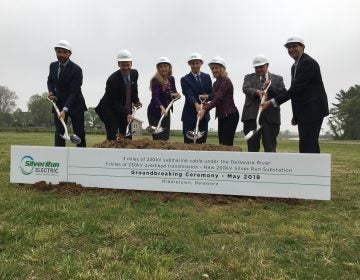 Elected officials help LS Power break ground on a project to install a 230-kilovolt power line underneath the Delaware River between Salem, New Jersey and an area just south of Port Penn, Delaware. (Mark Eichmann/WHYY)