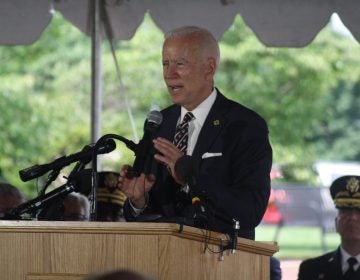 Former Vice President Joe Biden spoke Thursday morning at the annual Memorial Day ceremony near the base of the Delaware Memorial Bridge in New Castle. (Mark Eichmann/WHYY)
