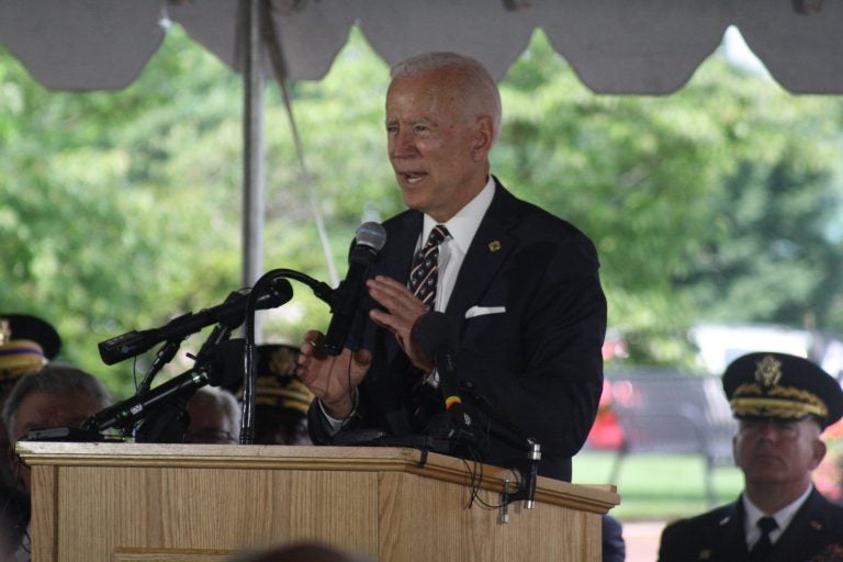 Former Vice President Joe Biden spoke Thursday morning at the annual Memorial Day ceremony near the base of the Delaware Memorial Bridge in New Castle. (Mark Eichmann/WHYY)