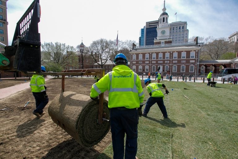 BrightView landscapers work on Independence Mall.  Brightview has been the largest employer of H2B guest workers in the country for the last several years. (Courtesy of BrightView)