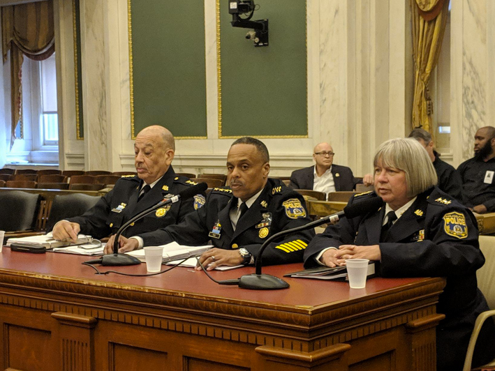 Philadelphia Police Commissioner Richard Ross, (center), testifies during a City Council budget hearing to request a $29.7 million boost in spending over last year's budget. Deputy police commissioners Myron Patterson and Christine Coulter sat alongside him on Wednesday. (Michael  D'Onofrio/The Philadelphia Tribune)