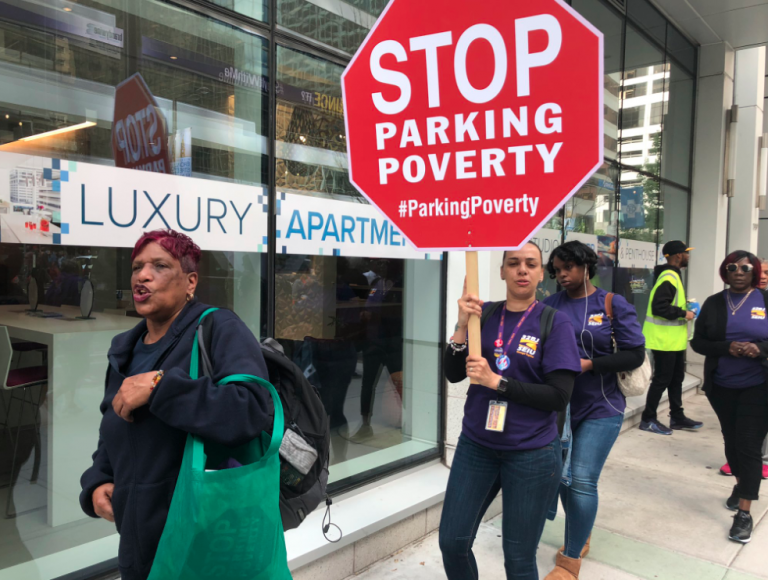 32BJ SEIU members demonstrate at a residential parking garage in Center City. (Courtesy of 32BJ SEIU)