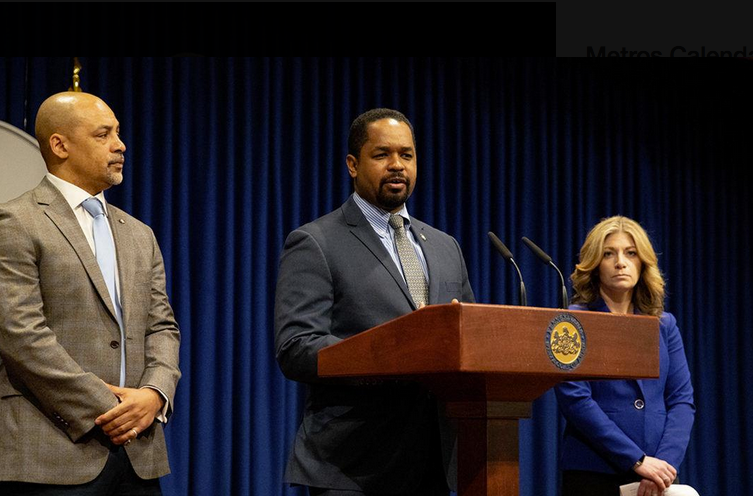 State Sen. Sharif Street, (center), along with Sen. Katie Muth and Rep. Chris Rabb shown speaking in Harrisburg on the death penalty. The three lawmakers are introducing legislation in their respective chambers to repeal the penalty. (Office of Shariff Street)