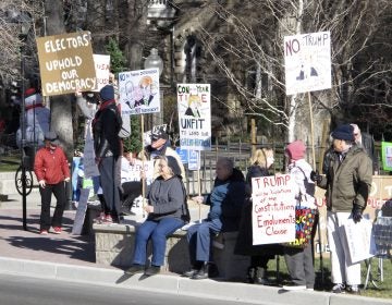 Protesters demonstrate against then President-elect Donald Trump outside the State Capitol building in Carson City, Nev., in December 2016 while Nevada's six Democratic presidential electors inside cast their official Electoral College ballots for Hillary Clinton.
(Scott Sonner/AP)