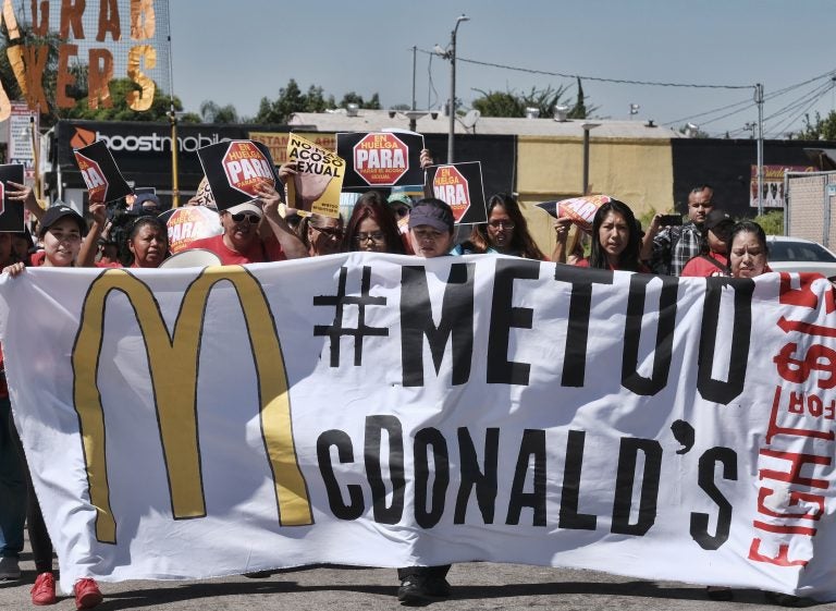 McDonald's workers marching in Los Angeles in September 2018 as part of a multi-state strike seeking to combat sexual harassment in the workplace. (Richard Vogel/AP)