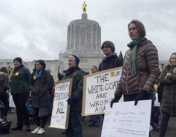 Hundreds of people rally in March at the Oregon State Capitol in Salem, protesting a proposal to tighten school vaccine requirements Similar rallies were held in April (Sarah Zimmerman/AP)