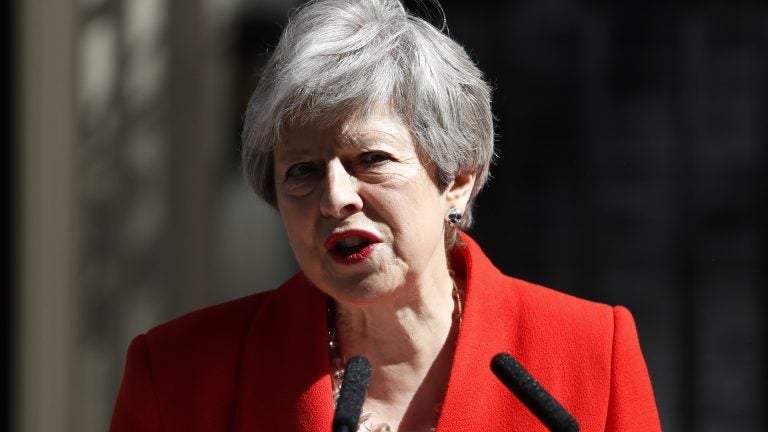 British Prime Minister Theresa May announces her resignation Friday at 10 Downing Street in London. British Prime Minister Theresa May announces her resignation Friday at 10 Downing Street in London. (Alastair Grant/AP Photo)