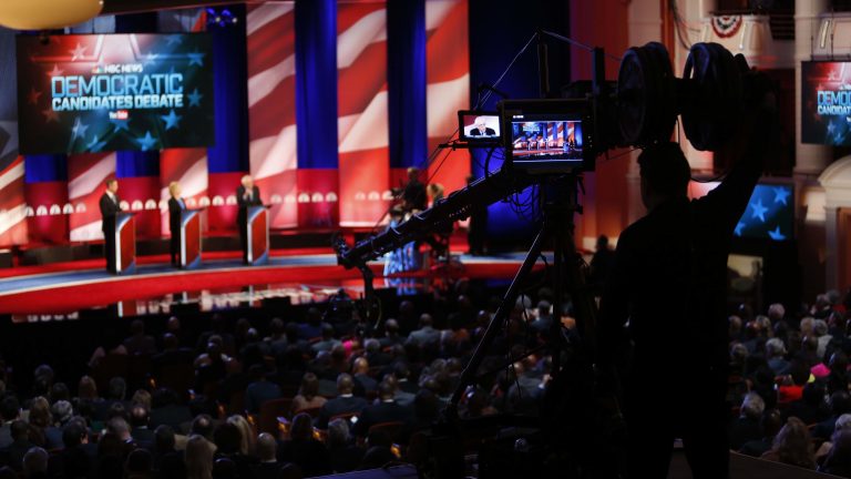 The debate stage before a 2016 Democratic primary debate hosted by NBC and YouTube in Charleston, S.C. Candidates will need higher poll numbers and more grassroots donors to participate in later debates this year. (Mic Smith/AP)