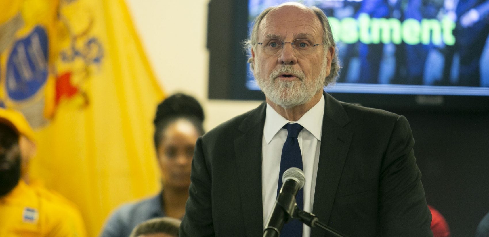 Former New Jersey Gov. Jon Corzine talks about the improvements in Camden Thursday. (Miguel Martinez/WHYY)