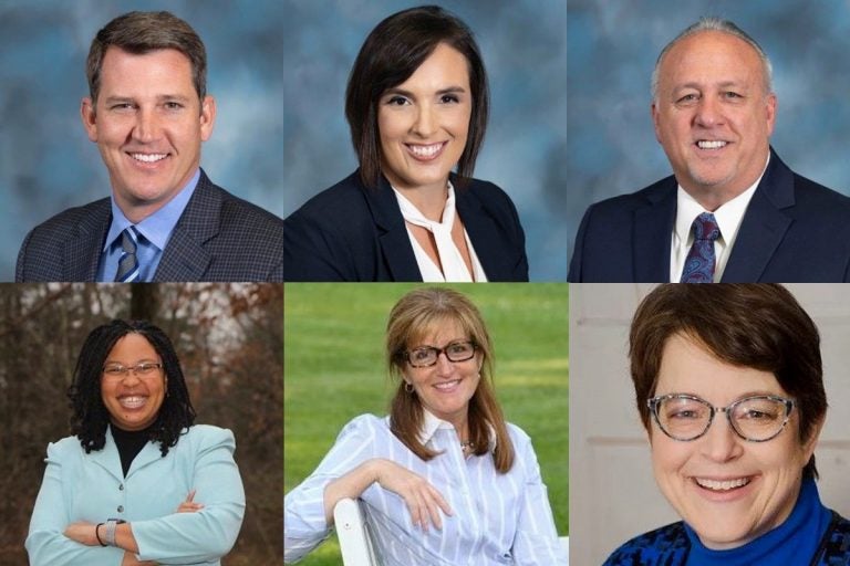 Candidates for Delaware County Council include (top row from left) Republicans Michael Morgan, Kelly Colvin and James Raith, and Democrats (bottom row from left) Monica Taylor, Elaine Schaffer and Christine Reuther. (Photos provided by Delco Dems and Delaware County GOP)