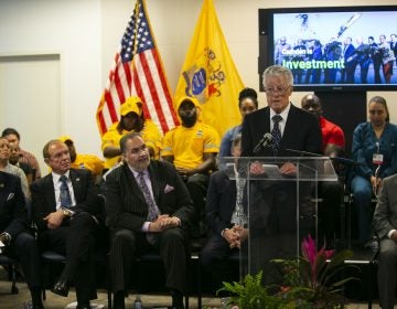 Former New Jersey Gov. Jim Florio speaks in Camden Thursday about the controversial tax break some businesses have gotten to relocate to the city. (Miguel Martinez/WHYY)