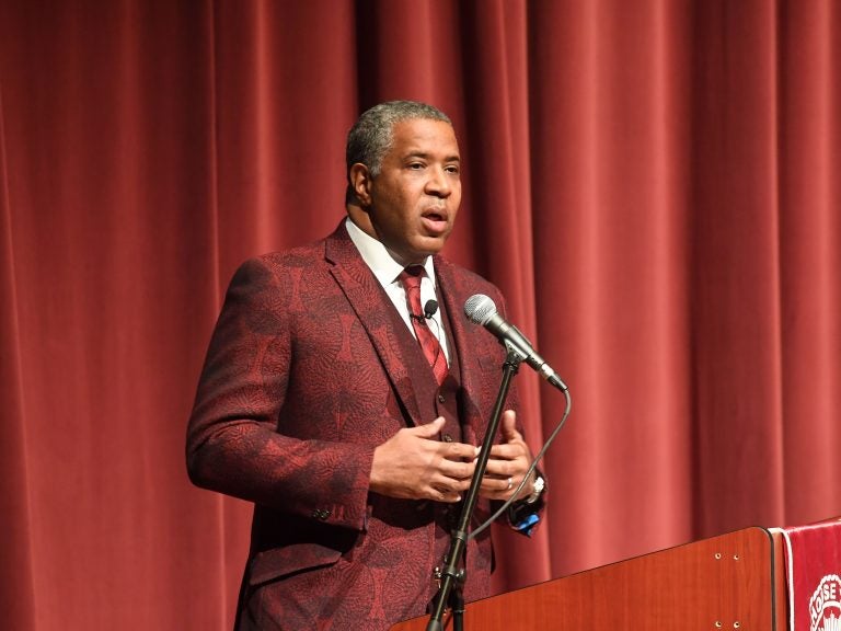 Robert F. Smith, founder, chairman and CEO of Vista Equity Partners, speaks at Morehouse College on Feb. 17, 2018 in Atlanta. Smith announced on Sunday he will pay off the student debt of the college's entire 2019 graduating class. (Getty Images)