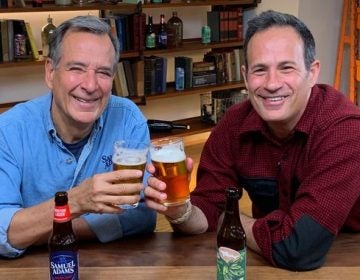 Jim Koch and Sam Calagione with their flagship beers (Courtesy Boston Beer)