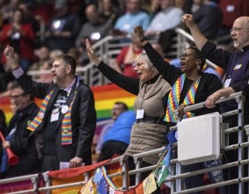 Protestors chant during the United Methodist Church's special session of the general conference in St. Louis, Tuesday, Feb. 26, 2019. America's second-largest Protestant denomination faces a likely fracture as delegates at the crucial meeting move to strengthen bans on same-sex marriage and ordination of LGBT clergy.
(Sid Hastings/AP Photo)