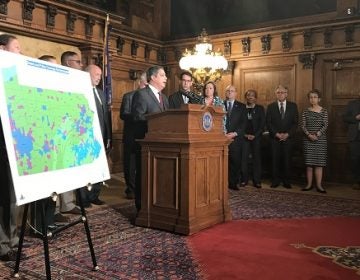 Senate Minority Leader Jay Costa, who is sponsoring his chamber's version of the police fee bill, speaks at a press conference on the issue. (Katie Meyer/WITF)