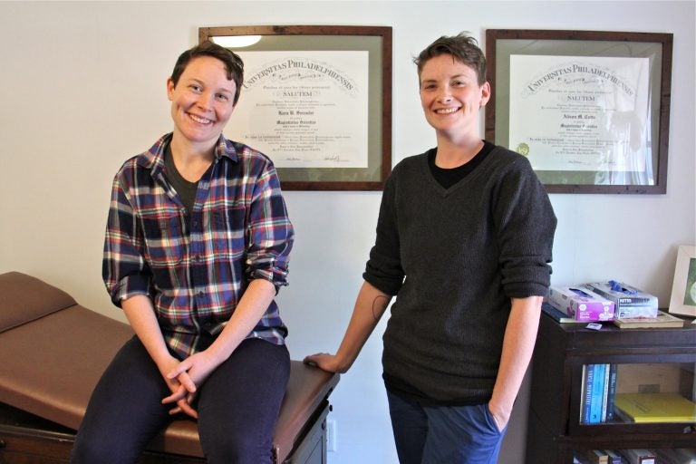 Kara McQuillan (left) and  Mac VanTilburg of the Philadelphia Midwife Collective are trying to open Philadelphia's first free-standing birth center in Germantown. (Emma Lee/WHYY)