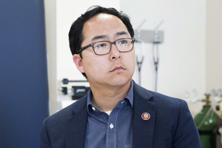 Congressman Andy Kim, representing N.J.'s 3rd district, tours the East Orange VA Medical Center last week. (Rachel Wisniewski for NPR)