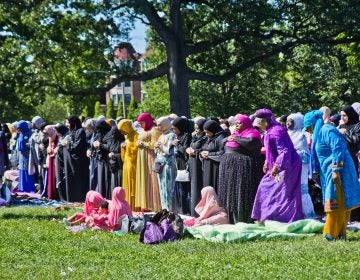 Members of the Muslim community pray at the end of Ramadan festival Eid al-Fitr in Fairmount Park. (Kimberly Paynter/WHYY)