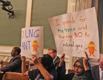 Opposition to the proposed liquefied natural gas plant in Philadelphia protest in city council chambers Thursday. (Kimberly Paynter/WHYY)