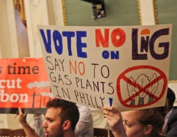 Opposition to the proposed liquefied natural gas plant in Philadelphia protest in city council chambers Thursday. (Kimberly Paynter/WHYY)