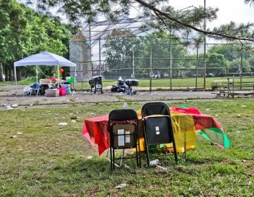 The scene of a shooting in Southwest Philadelphia Sunday night, where the violence interrupted a graduation party near James Finnegan and Paschall playgrounds. (Kimberly Paynter/WHYY)