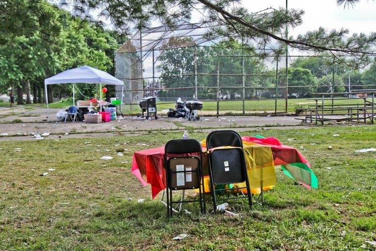 The scene of a shooting in Southwest Philadelphia Sunday night, where the violence interrupted a graduation party near James Finnegan and Paschall playgrounds. (Kimberly Paynter/WHYY)