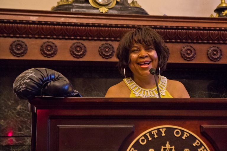 Boxing judge Lynne Carter was honored Wednesday at City Hall for her career in boxing. (Kimberly Paynter/WHYY)