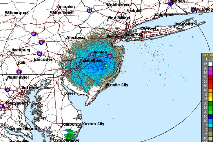 A Doppler radar image from the National Weather Service in Mount Holly, N.J., shows a concentration of heavy rain and thunderstorms. (National Weather Service Doppler Radar Image)