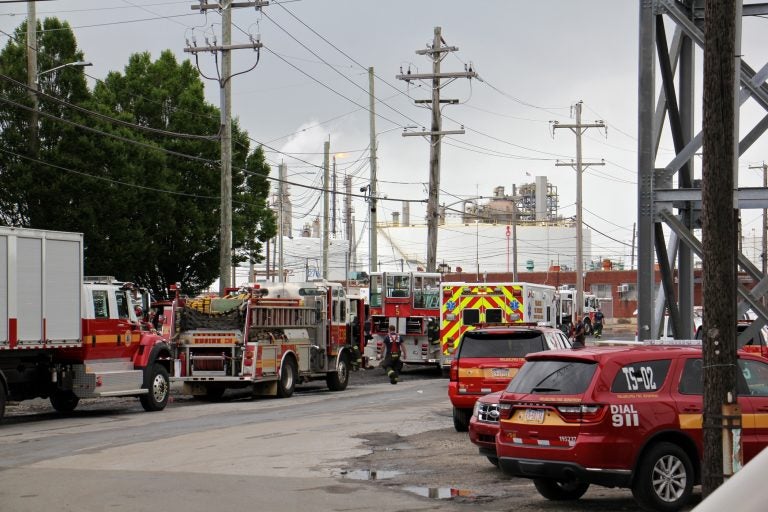 Philadelphia firefighters respond to the scene of a fire at the Philadelphia Energy Solutions refinery.