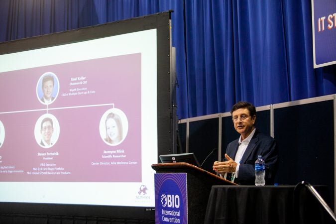 Neal Koller, Chairman and CEO of Alphyn Biologics, makes a presentation on his companies work in providing therapy for infectious diseases Thursday at the BIO International Conference. (Brad Larrison for WHYY)