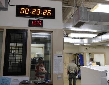 A clock at top counts down intervals between checks on inmates in the booking area holding cells at the Lake County Jail in Lakeport, Calif., on Tuesday, April 16, 2019. Major reforms were put in place at the jail following the 2015 suicide of a woman with a history of mental health problems who had repeatedly begged for help. Her son’s lawsuit resulted in $2 million wrongful death settlement. (AP Photo/Eric Risberg)