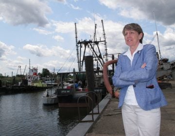 In this June 3, 2019 photo Cindy Zipf, executive director of the Clean Ocean Action environmental group, discusses a plan to build a natural gas pipeline that would run near this Middletown, N.J,. fishing depot. New Jersey environmental officials are due to decide Wednesday, June 5 on key permits for a nearly $1 billion pipeline that would bring natural gas from Pennsylvania through New Jersey, out into Raritan Bay and into the ocean before reaching New York and Long Island. (Wayne Parry/AP Photo)