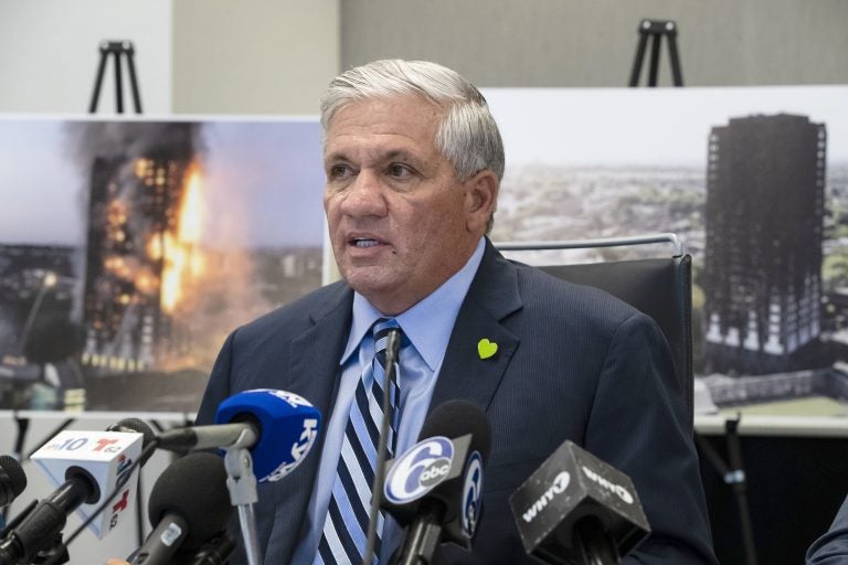 Attorney Robert Mongeluzzi speaks with members of the media during a news conference in Philadelphia, Tuesday, June 11, 2019. A lawsuit filed in the United States says faulty building materials helped spread a fire at London's Grenfell Tower in 2017. The lawsuit was filed in a state court in Philadelphia on Tuesday.  (Matt Rourke/AP Photo)