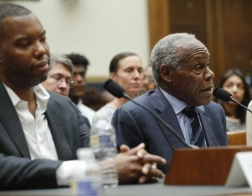 Actor Danny Glover, right, and author Ta-Nehisi Coates, left, testify about reparation for the descendants of slaves during a hearing before the House Judiciary Subcommittee on the Constitution, Civil Rights and Civil Liberties, at the Capitol in Washington, Wednesday, June 19, 2019. (Pablo Martinez Monsivais/AP Photo)