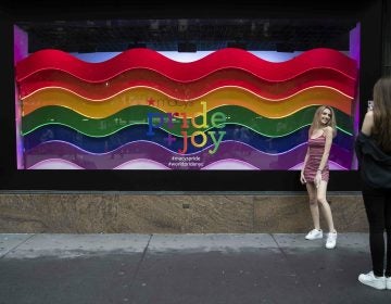 In this Wednesday, June 19, 2019, photo, a visitor to Herald Square takes a photo with the Pride and Joy window display at the Macy's flagship store in New York. For Pride month, retailers across the country are selling goods and services celebrating LGBTQ culture. Macy’s flagship store is adorned with rainbow-colored Pride tribute windows, set in the same space as its famous Christmas displays. (Mary Altaffer/AP Photo)