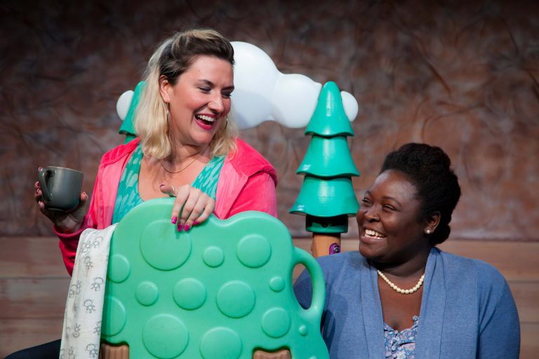 Brandi Burgess (left) as Lina and Angelica Jackson as Jessie, two new moms who meet regularly for coffee in 